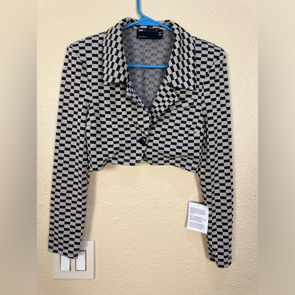 ASOS Design Jersey Crop Suit Blazer in Checkerboard Print